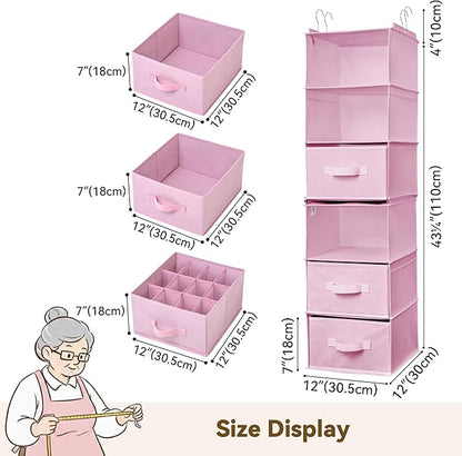 GRANNY SAYS Hanging Closet Organizer 6-Shelf, Separable to 2 Pack 3-Shelf Closet Storage Organizer with 4 Side Pockets, 3 Different Drawers, Portable Hanging Shelves for Baby Clothes, Sweater, Pink