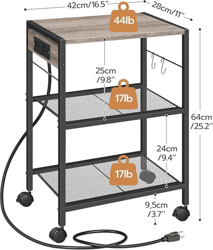 HOOBRO Industrial Printer Stand, 3-Tier Mobile Printer Table, Rolling Cart with Power Outlets and USB Ports, Home Printer Stand with 2 Hooks, for Office, Living Room, Greige and Black BG22UPS01