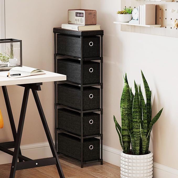 Giantex Dresser with 5 Drawers, Slim Fabric Storage Tower with Metal Frame, Wood Top & Easy Pull Handles, Space-Saving Chest of Drawers for Living Room, Office, Closet, Hallway & Entryway, Black