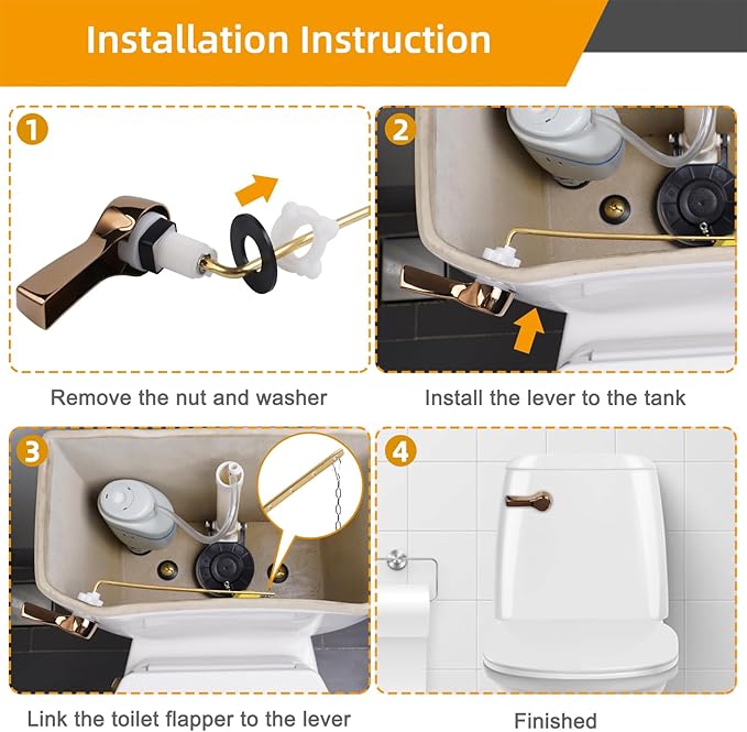Hibbent Universal Metal Front Mount Toilet Handle Replacement Kit, Brass Toilet Flush Tank Lever with Stainless Steel Flapper Chains for Most Toilets, Rose Gold