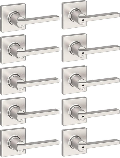 Kwikset Casey Hallway Passage and Bed/Bath Privacy Door Handle 10 Pack, 5 Passage Levers and 5 Privacy Levers, Satin Nickel Reversible Interior Handles with Mircoban Protection