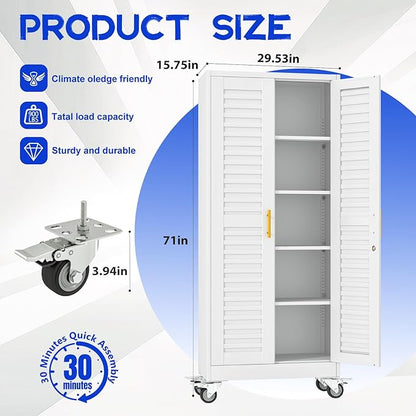71” Metal Garage Storage Cabinet with Lock and Wheels, Metal Storage Cabinet with Louvered Door and 4 Adjustable Shelves, Rolling Tool Cabinet, Utility File Cabinet for Home Office - White