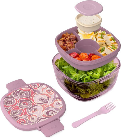 Bentgo Glass Prints Salad Container - 7.6-Cup Tinted Glass Salad Bowl with Airtight Lid, Leak-Proof Sauce Container, 4-Compartment Bento Meal Prep Tray & Reusable Fork (Floral Maximalist - Bouquet)