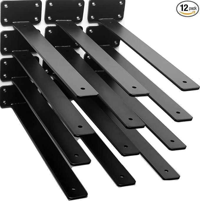 12 Pack - 14 inch Black Hidden L Shelf Bracket (1/5 Inch Thicked) Iron Floating Shelf Brackets Rustic Industrial Metal Brackets for Shelf Support