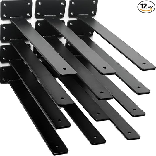 12 Pack - 14 inch Black Hidden L Shelf Bracket (1/5 Inch Thicked) Iron Floating Shelf Brackets Rustic Industrial Metal Brackets for Shelf Support