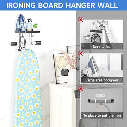 Ironing Board Holder Wall Mounted, Black Iron Holder for Laundry Room, Metal Iron Board Wall Hanger with Storage Shelf, Ironing Board Hooks for Laundry Room Livingroom Bathroom (Y or T Leg)