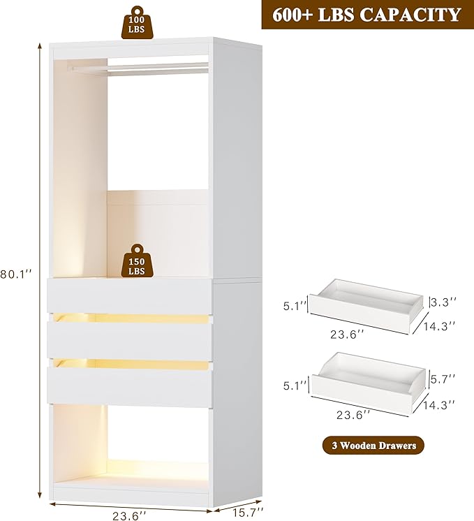 Freestanding 2FT Closet System with 3 Wood Drawers & Glasstop, 24" Closet Organizer System with Hanging Rod & LED Lights, Walk-in Closet Systems for Small Closets, White (24"L x 16" W x 80" H)