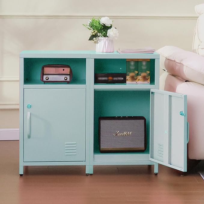 ALBAD Compact Metal Nightstand with Lockable Cabinet and Open Shelf, Modern Bedside Table, Versatile Side Table for Bedroom, Living Room, or Office (Light Green, 26" H-Lockable Door)
