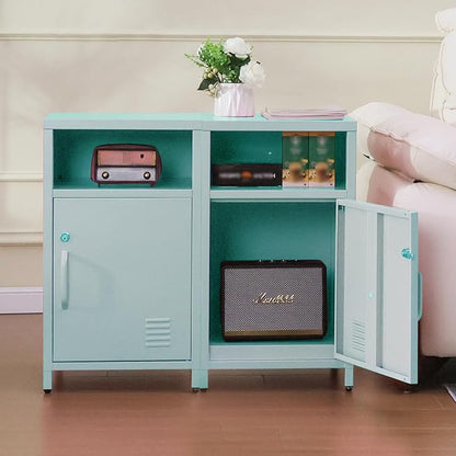 ALBAD Compact Metal Nightstand with Lockable Cabinet and Open Shelf, Modern Bedside Table, Versatile Side Table for Bedroom, Living Room, or Office (Light Green, 26" H-Lockable Door)
