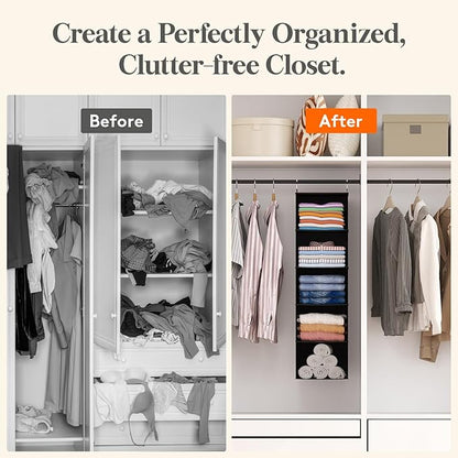 Lifewit 5 Tier Hanging Closet Organizer and Storage for Shelves, Foldable Clothes Shelf with 2 Sturdy Hooks, Sweater/Coat/Shoes Clothing Organization for Wardrobe, Dorm, Bedroom, Black