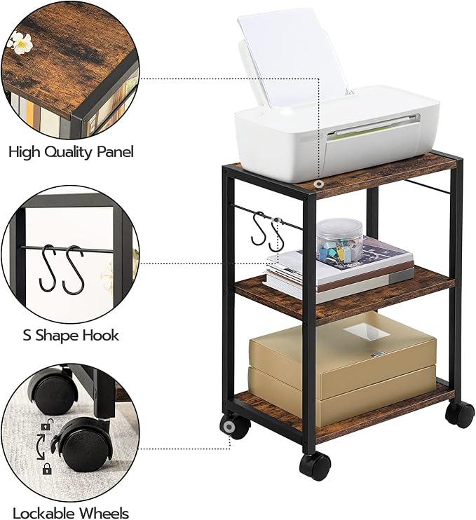 Printer Stand, 3-Tier Under Desk Rolling Cart with Storage Shelf, Heavy Duty Printer Table with Wheels for Home and Office, Printer Shelf with 2 Hooks, Small Spaces, Rustic Brown PTHR4001Z