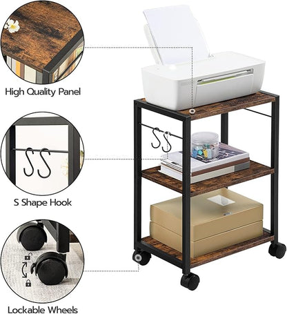 Printer Stand, 3-Tier Under Desk Rolling Cart with Storage Shelf, Heavy Duty Printer Table with Wheels for Home and Office, Printer Shelf with 2 Hooks, Small Spaces, Rustic Brown PTHR4001Z