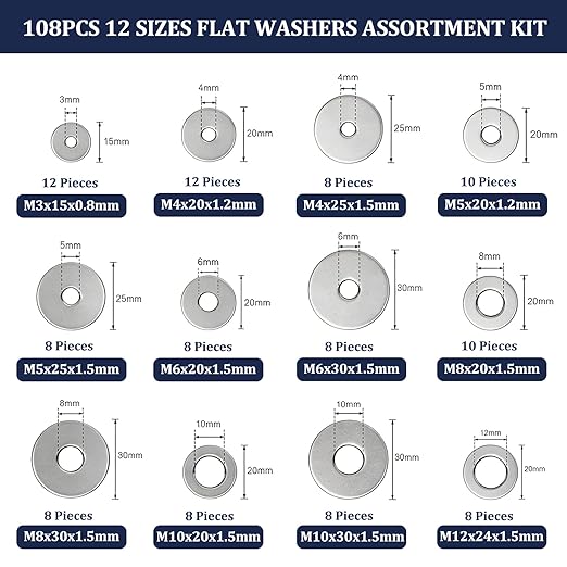 ZQZ 108Pcs Flat Washers, 304 Stainless Steel Fender Washers Assortment, 12 Different Sizes Wide Washer M3 M4 M5 M6 M8 M10 M12 Assorted Flatwashers Kit