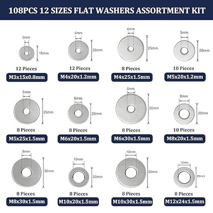 ZQZ 108Pcs Flat Washers, 304 Stainless Steel Fender Washers Assortment, 12 Different Sizes Wide Washer M3 M4 M5 M6 M8 M10 M12 Assorted Flatwashers Kit