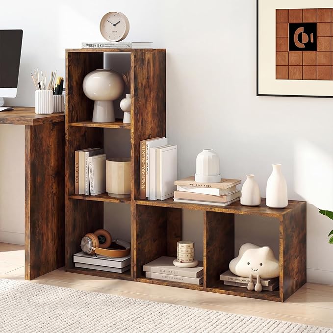 Giantex 2-Cube Bookcase, Cubby Bookshelf w/Back Guardrail & Anti-Tipping Kits, 3-Tier Freestanding Storage Organizer with Shelves, Open Back Display Rack for Living Room, Bedroom, Rustic Brown