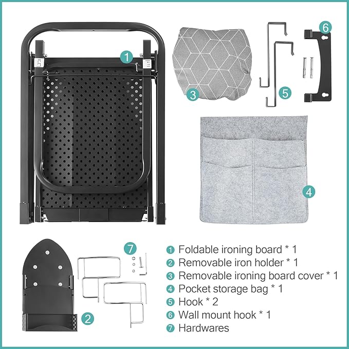 Seiritex Over The Door Ironing Board 14x42 inches with Iron Holder and Pocket Storage Bag, Hanging Iron Board for Home Laundry Room, Black