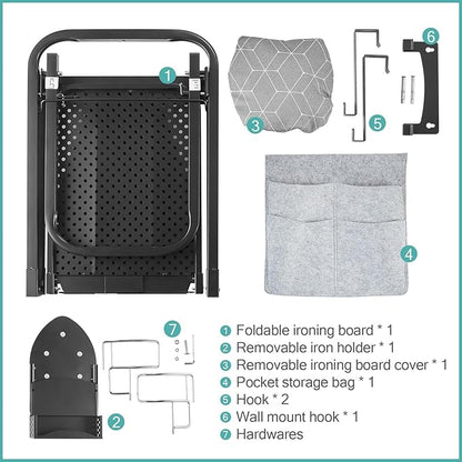 Seiritex Over The Door Ironing Board 14x42 inches with Iron Holder and Pocket Storage Bag, Hanging Iron Board for Home Laundry Room, Black