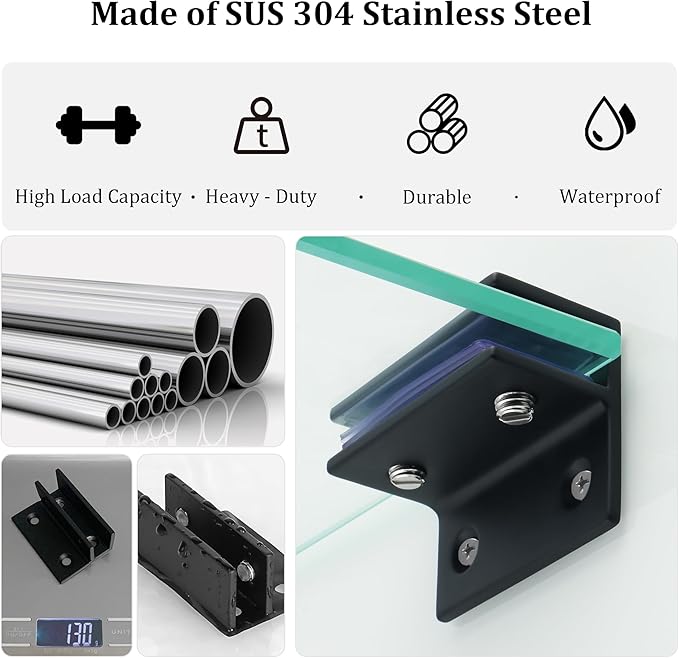 Alise Glass Shelf Brackets Black,Adjustable Shower Glass Clamps, Heavy Duty Clamp Holder, SUS304 Stainless Steel Brackets for 8-12mm Wood/Glass Shelves and Wall-to-Glass Connection,2 Pcs