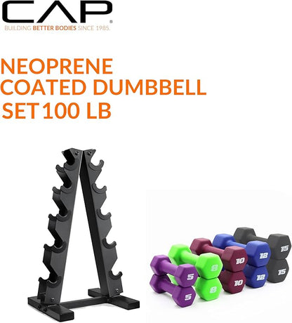 CAP Barbell 100 LB Set of Neoprene Dumbbells with Rack Color Series | 5, 8, 10, 12 and 15 LB pairs
