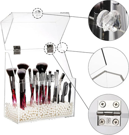 Okllen Makeup Brush Holder with Dustproof Lid, White Pearls, Acrylic Clear Makeup Brush Organizer with 3 Compartment, Large Cosmetic Brush Storage Box Case for Vanity, Bathroom, Bedroom