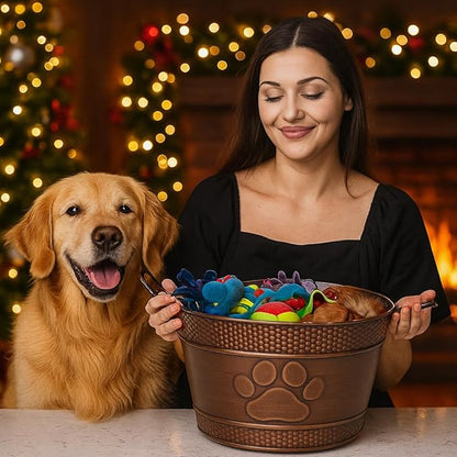 BREKX Metal Indestructible Dog Toy Bin - Storage Bin with Handles, Farmhouse Organizer Storage Basket for Pet Toys, Blankets, Leashes - Home Decor (Lead-Free Copper)