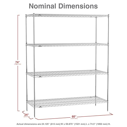 Metro EZ2460NC-4 Super Erecta Industrial Wire Shelving 4-Shelf Convenience Pak, Chrome, 24" x 60" x 74.5"