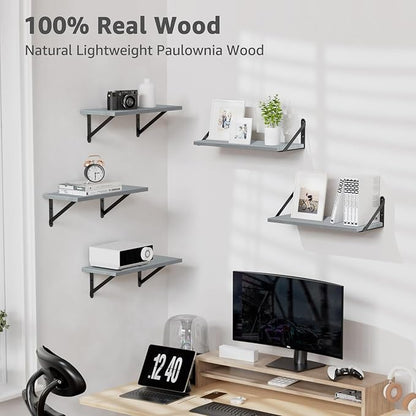 Wall Shelves 7.3" Deep Set of 4, Solid Paulownia Wood Wider Longer Sturdy Easy to Install Wall Mounted Bookshelves Storage Shelves Bathroom Home Office Laundry Room Bedroom Organizer Gray