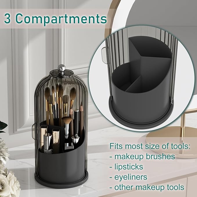 GAXmi Makeup Brush Holder with Lid Cosmetic Tools Organizer 360 Rotating Waterproof Dustproof Beauty Brushes Storage for Vanity, Black-Grey