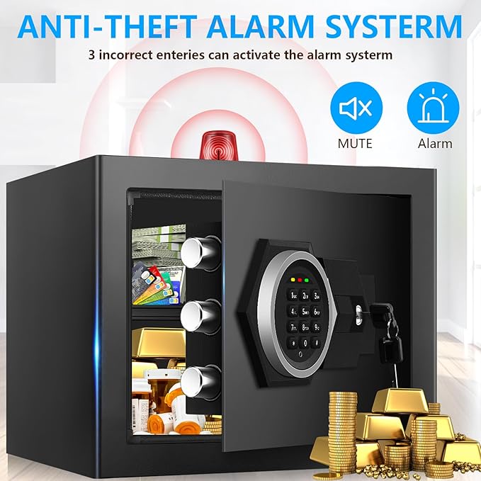 1.3 Cub Small Safes for Home Use Fire and Water Proof, Anti-Theft Digital Security Safe Box With Combination Lock, Smart Alarm System & Removable Shelf, Anti-Theft Fireproof Safe for Cash Documents