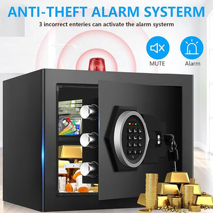 1.3 Cub Small Safes for Home Use Fire and Water Proof, Anti-Theft Digital Security Safe Box With Combination Lock, Smart Alarm System & Removable Shelf, Anti-Theft Fireproof Safe for Cash Documents