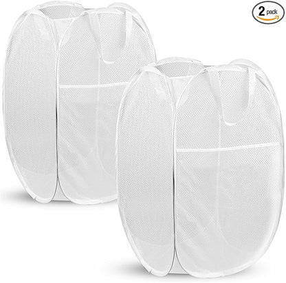 DUCOO Pop Up Hamper, 2 PCS Mesh Pop Up Laundry Hamper, Foldable Mesh Laundry Basket with Space Saving Design for Home, Dorm, Travel and Storage, White