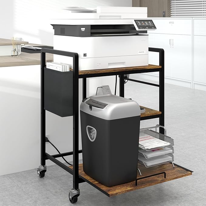 Home Printer Stand with Charging Station, 24x18 Inches Stands for Large Printer, Printer Shredder Stand with Storage for Home Office, Table for Fax Machine/PC Tower (White)