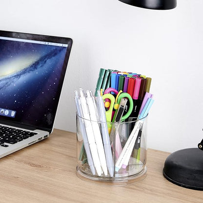 Makeup Brush Holder Organizer -Rotating 360° Clear Storage Cup Containers for Vanity, Desk, Countertop, Spinning Pen Holder for Desk, Round Make up Brush Stand with 5 Slots, for Cosmestics (Clear)