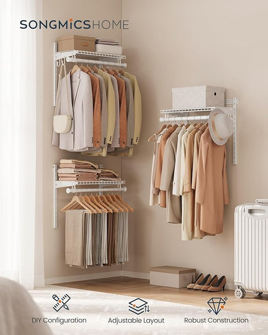 SONGMICS HOME Closet System, Closet Insert Organizer, 4-6 ft, Adjustable Metal Shelving Unit with 4 Hanging Rods, 4 Shelves, and Hooks, for Pantry Mudroom Garage Basement, Cloud White URGR031W01