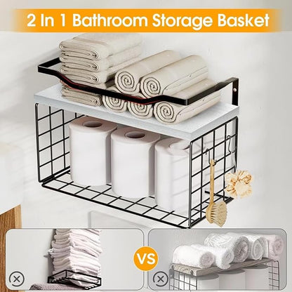 Towel Racks for Bathroom,Towel Rack Wall Mounted, 6 Tier Rolled Or Folded Towel Holder with Floating Shelves, Bathroom Towel Holder for Bath, Hand Towels,Metal,White Wood Panel