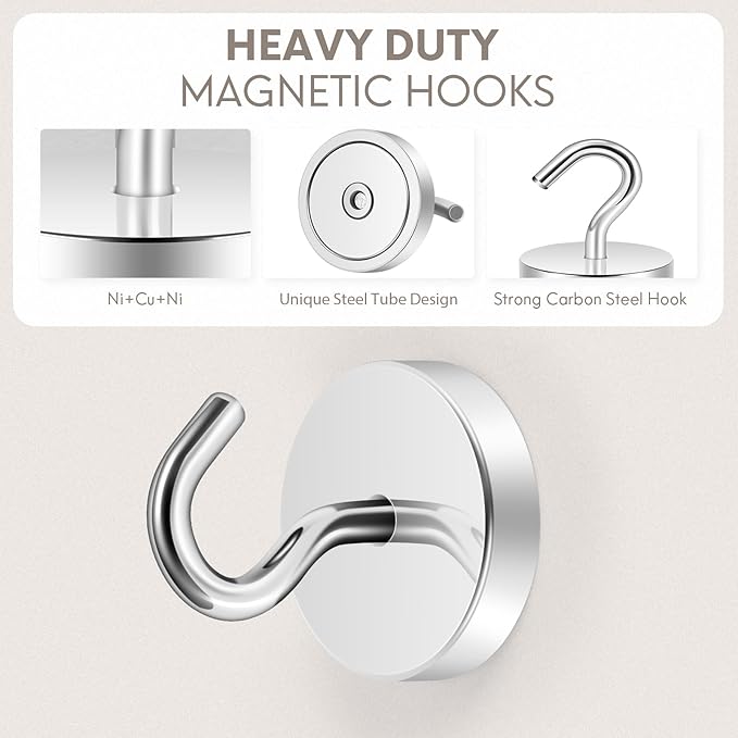 Neosmuk Magnetic Hooks, Cruise Ship Essentials, 120lb+ Heavy Duty Magnetic Hooks for Cruise Cabins, Refrigerator, Grill, Hanging, and Travel | Extra Strong Must-Haves Magnet Hook,Silver, Pack of 10
