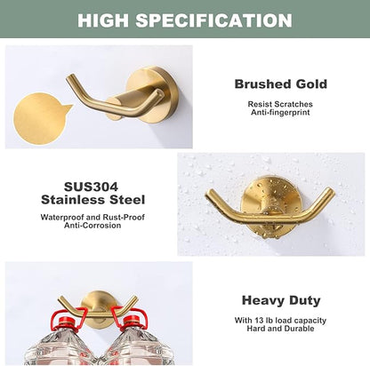 ARCORA Brushed Gold Towel Hooks, SUS 304 Stainless Steel Wall Hooks, Heavy Duty Robe Hooks 1 Pack, Modern Towel Hooks for Bathroom