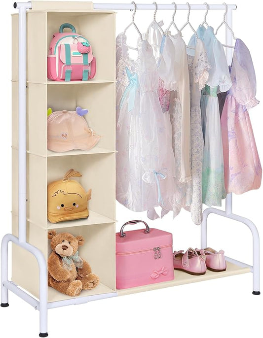 Univivi Kids Clothing Rack with Hanging Organizer, Child Dress Up Storage for Hanging Clothes, Kids Wardrobe Closet for Baby Clothes, Dance Costumes, Dance Costume Garment Rack, Beige/White