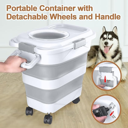 Dog Food Storage Container, 10-20 lbs Airtight Collapsible Cat Food Storage Container with Attachable Wheels, Portable Handle, Dog Food Scoop for Dog Cat Bird Pet Dry Food Storage Bin Light Grey