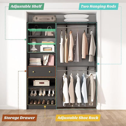 [10 FT Closet System] 120 Inch Reversible Set of 2 Wood Closet Organizer System with 2 Drawers, 4 Hanging Rods Adjustable Shelf, Walk In Closet Organizers with Shoe Rack, Garment Rack, Black
