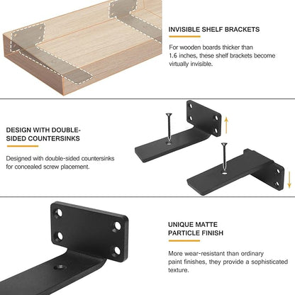 HITOMEN Heavy Duty Floating Shelf Brackets, 5-Inch (1/5'' Thick) Hidden Shelves Hardware, Iron L Brackets, Rustic Industrial Black Metal Wall Shelving Supports, 8 Pack
