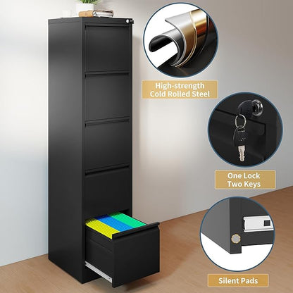 5 Drawer File Cabinet with Lock, Vertical Filing Cabinets for Home Office, Metal Storage Cabinets, Heavy Duty File Cabinet for Letter/Legal/A4/F4 Size Amsseble Required, Black