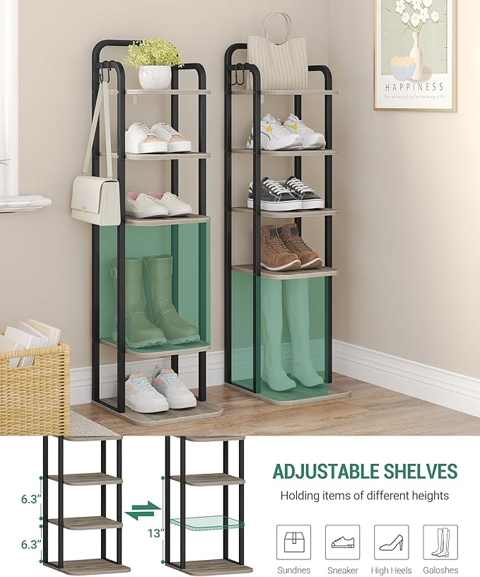 6 Tiers Vertical Shoe Rack, Narrow Shoe Tower, Tall Shoes Shelf with 2 Hooks, Adjustable Shelves, Corner Shoes Shelves for Small Spaces, Entryway, Living Room, Greige, SR04205B
