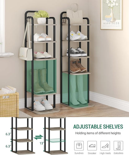 6 Tiers Vertical Shoe Rack, Narrow Shoe Tower, Tall Shoes Shelf with 2 Hooks, Adjustable Shelves, Corner Shoes Shelves for Small Spaces, Entryway, Living Room, Greige, SR04205B