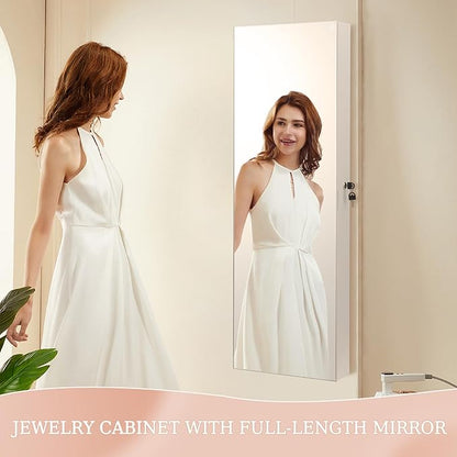Mirror Jewelry Cabinet,Lockable Wall or Door Mounted Jewelry Armoire Organizer With Built-up Mirror,LED Lights, Drawers,Cosmetic Trays,Shelves, 14.4"x3.15"x 43.1"（White）