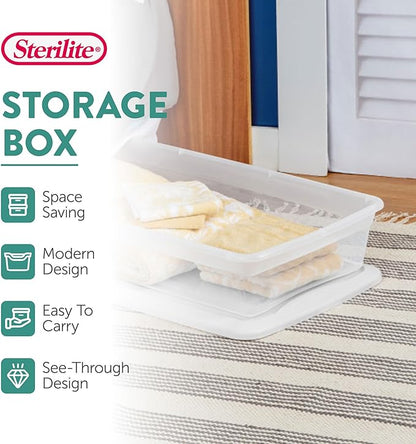 Sterilite 18 Pack Storage Box, 41 Quart Stackable Tote, Clear Plastic Container with Secure Snapping Lids for Home and Office Organization, White