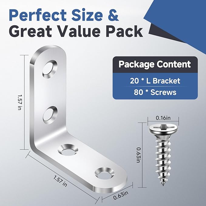 20PCS L Bracket Corner Brace Sets, Stainless Steel L Brackets for Wood Shelves, 90 Degree Right Angle Bracket with 80 Screws, Metal Corner Brackets for Furniture Cabinet Drawer Chair (1.57x1.57 in)