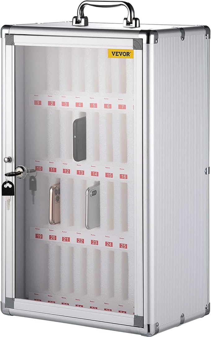 VEVOR 36-Slot Cell Phone Locker – Silver Aluminum with Key Lock Portable Handle, Handwritten Tags, and Wall-Mount for Offices, Classrooms, Gyms