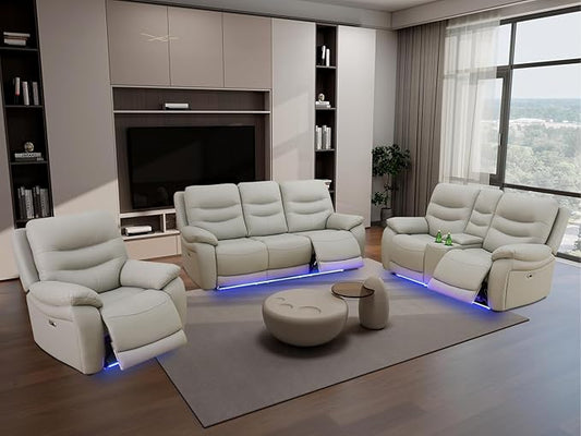 Living Room Furniture Set,3PCS Power Recliner Sofa Light Grey Breathing Leather Sofa Loveseat and Chair with 5 Recliner Seats/Storage Console/Cup Holder/LED Light/USB Port for Apartment,Office