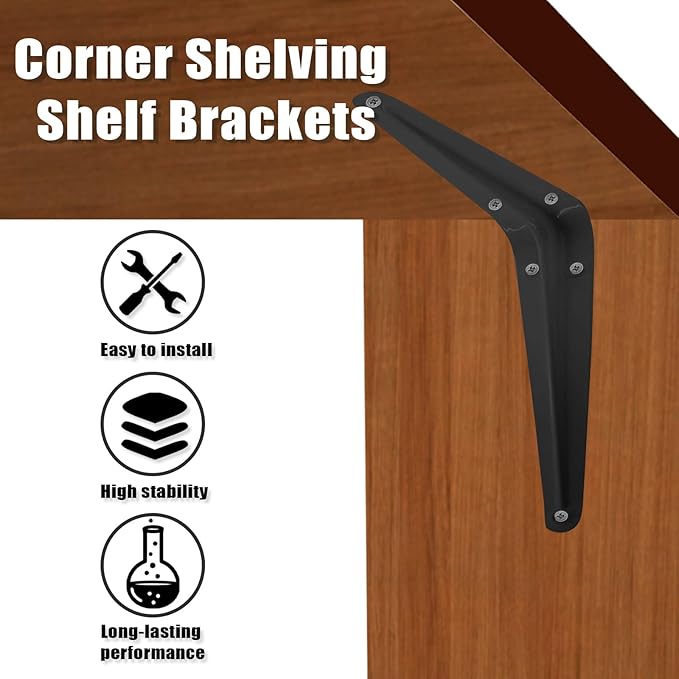 4 Pcs Shelf Brackets, 6 x 8 Inch Black Heavy Duty Metal Wall Corner Angle Shelving for Wall Hanging Shelves with Wall Anchors and Screws(Black)
